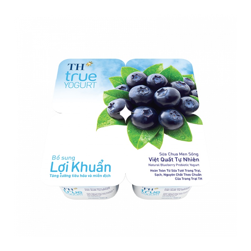 Sữa Chua Men Sống Việt Quất Tự Nhiên TH true Yogurt Vỉ 4 Hộp 100g
