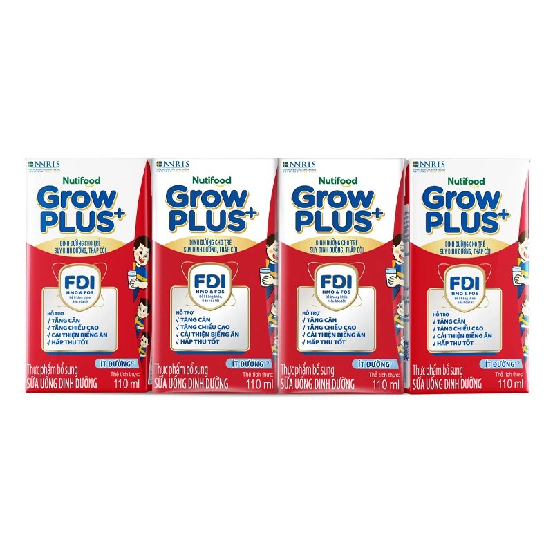 Sữa Dinh Dưỡng NutiFood Grow Plus+ Ít Đường Hộp 110ml (cho trẻ SDD)